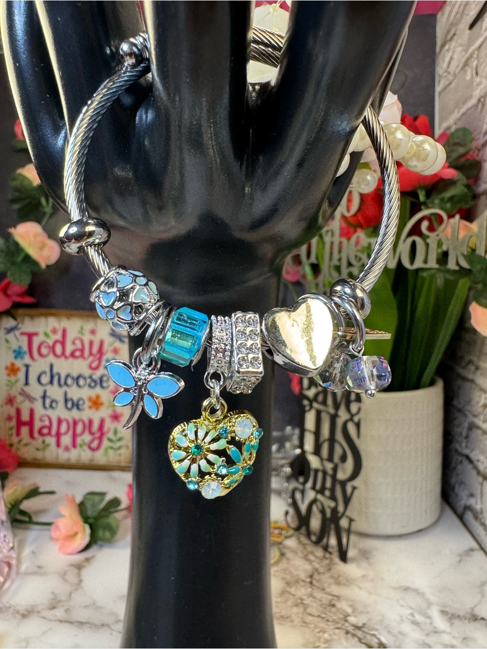 Silver-Tone Turquoise Charm Bracelet with Heart and Butterfly Charms